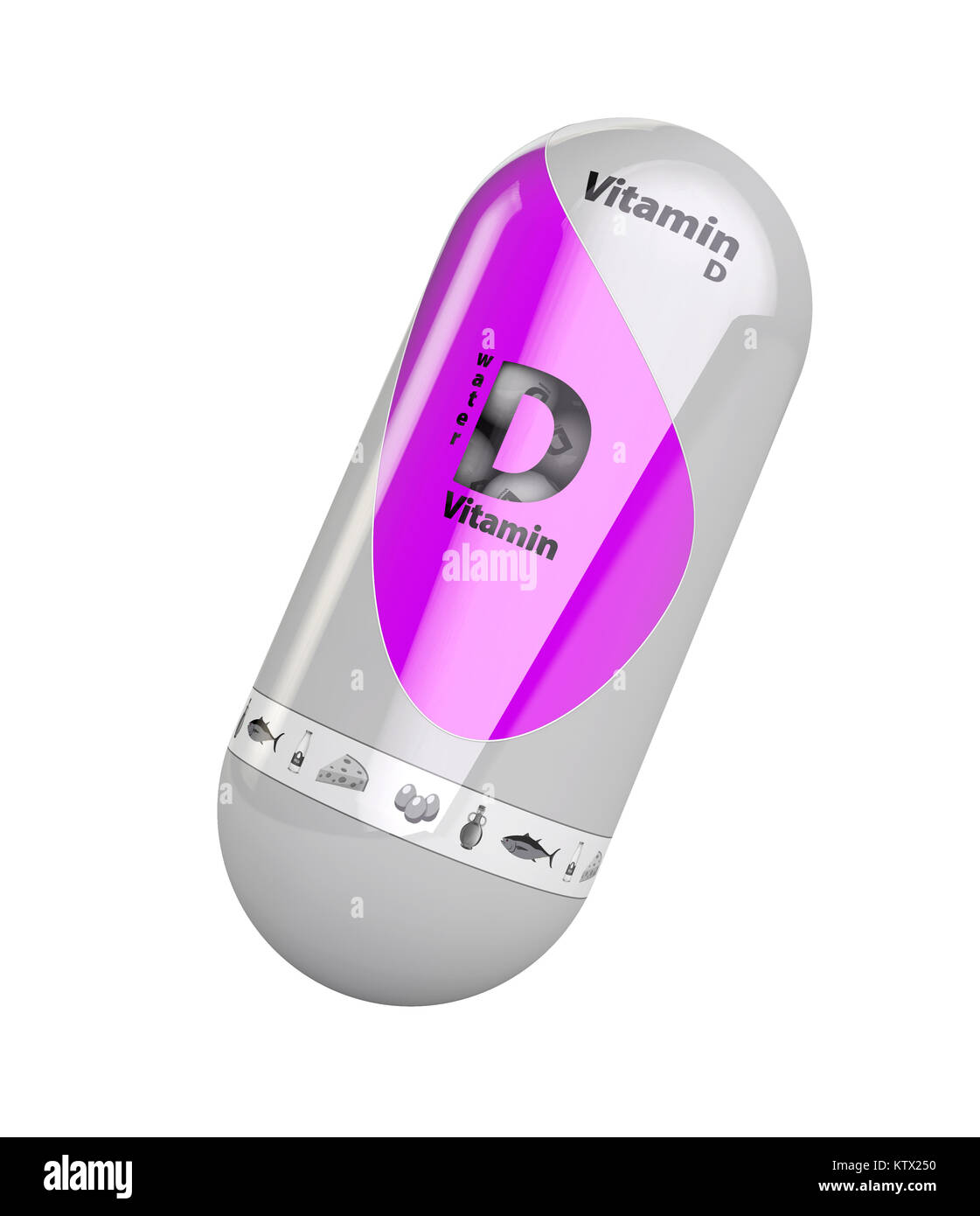 La vitamina D luminoso rosa confetto capsula icona . Vitamine minerali complesso con formula chimica . 3d'illustrazione. Foto Stock