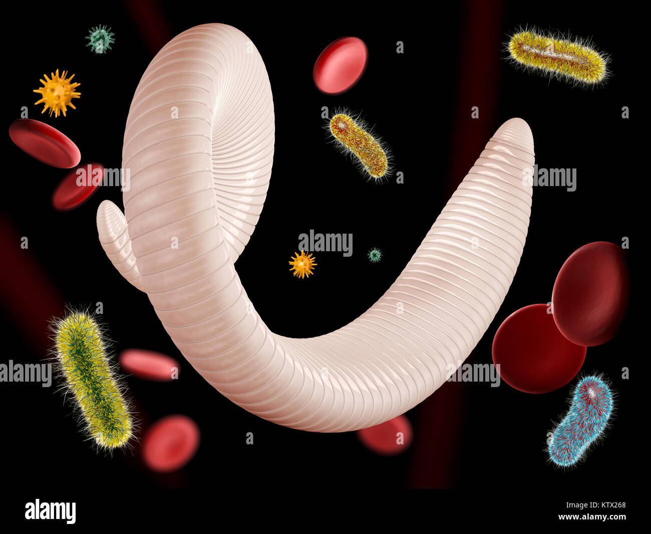 3d illustrazione di elminti con virus e cellule del sangue Foto Stock