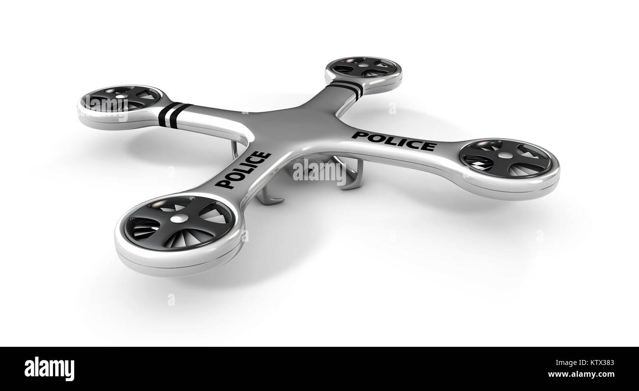 Drone quadrocopter con polce word, 3d illustrazione su sfondo bianco Foto Stock