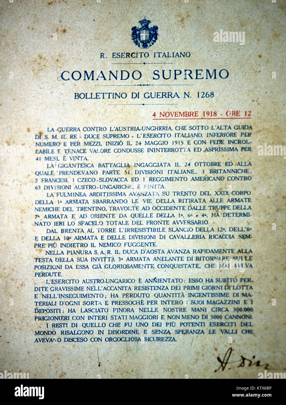 Sanluri, SARDEGNA. Museo del Risorgimento. L'esercito italiano originale bollettino di guerra alla fine della Prima Guerra Mondiale 1915-1918 Foto Stock
