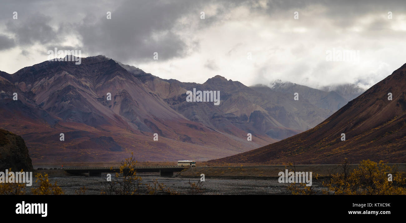 Autobus turistico la guida tra le montagne del Parco Nazionale di Denali, Alaska, Stati Uniti d'America, America del Nord Foto Stock