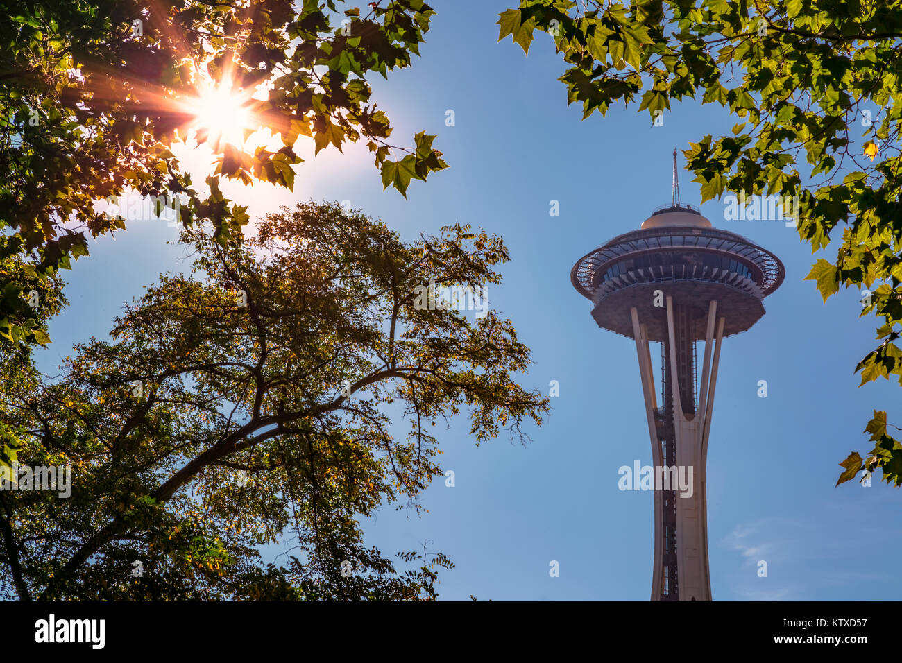 In alto di Space Needle di Seattle internazionale del Parco Fontana, Seattle, nello Stato di Washington, Stati Uniti d'America, America del Nord Foto Stock