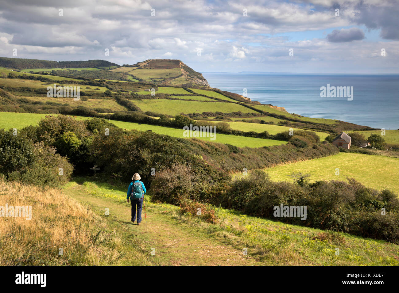 Walker sulla costa sud-ovest vicino percorso Stonebarrow con Golden Cap in distanza, Charmouth, Jurassic Coast, Sito Patrimonio Mondiale dell'UNESCO, Dorset, Engla Foto Stock