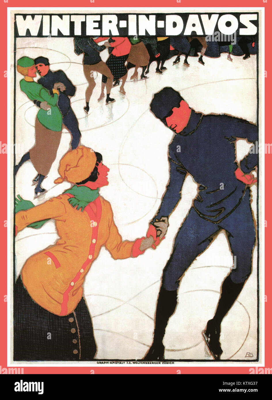 DAVOS POSTER Vintage art nouveau poster di viaggio per 'Inverno a Davos" da Mangold Burkhard 1914 Foto Stock