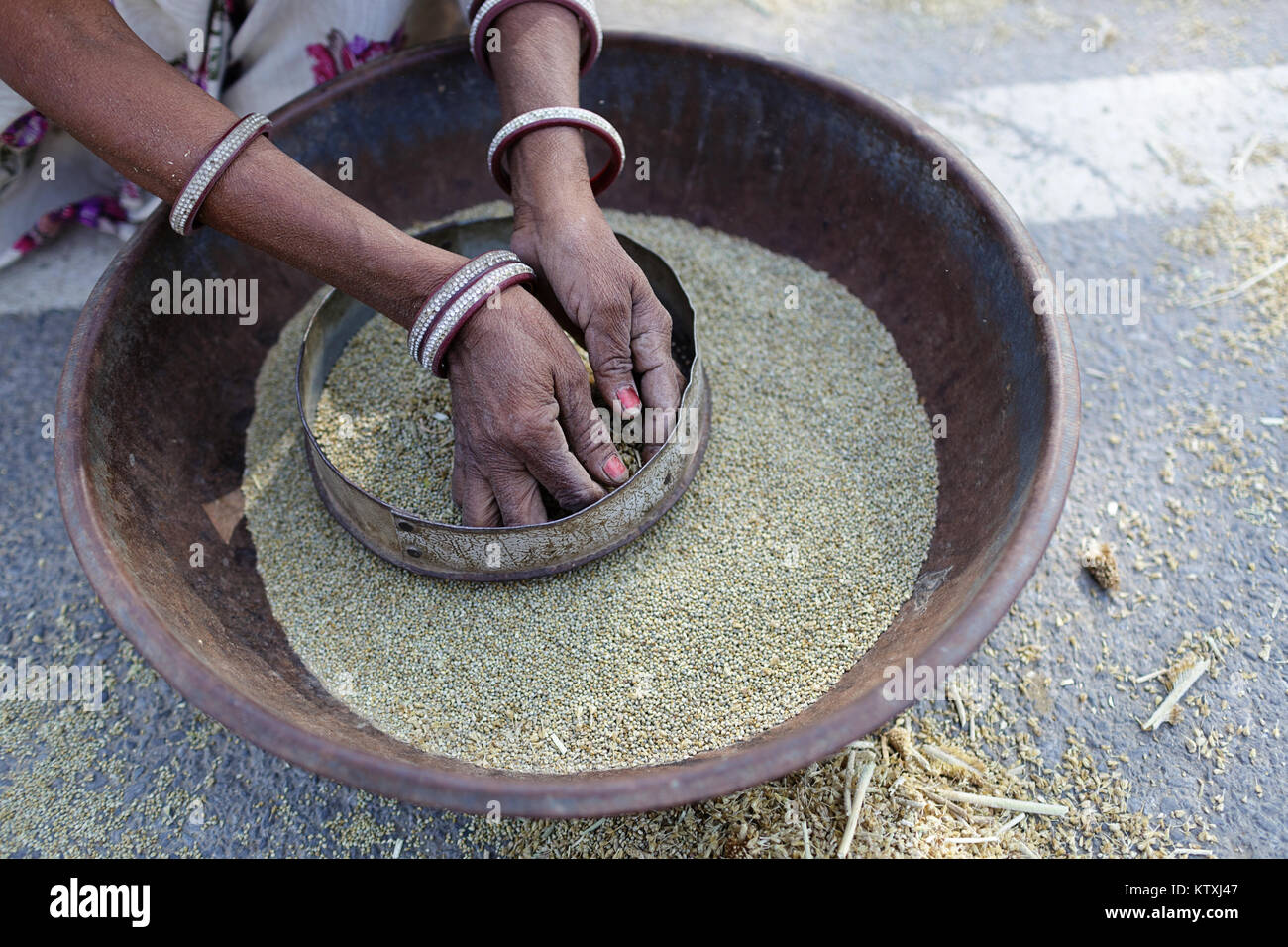 Local donna seduta sul ciglio della strada, lavorando setacciatura di granella con le mani in un cestello in un villaggio nei pressi di Pushkar, Rajasthan, India. Foto Stock