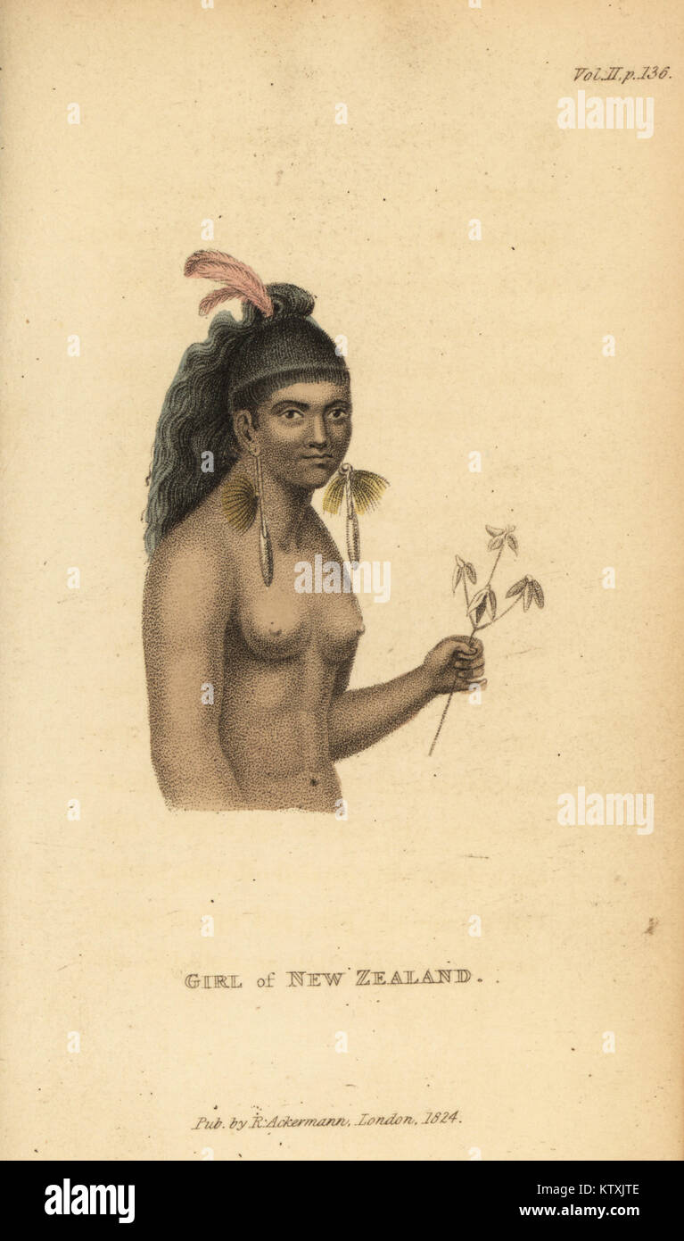 Ragazza di Nuova Zelanda. Ragazza Maori con piuma in i suoi capelli lunghi e orecchini. Imbianchini Handcolored incisione da Frederic Shoberl è il mondo in miniatura, il Mare del sud le isole, Ackermann, 1824. Dopo una illustrazione di Jean Piron da viaggio de la Perouse, 1800. Foto Stock