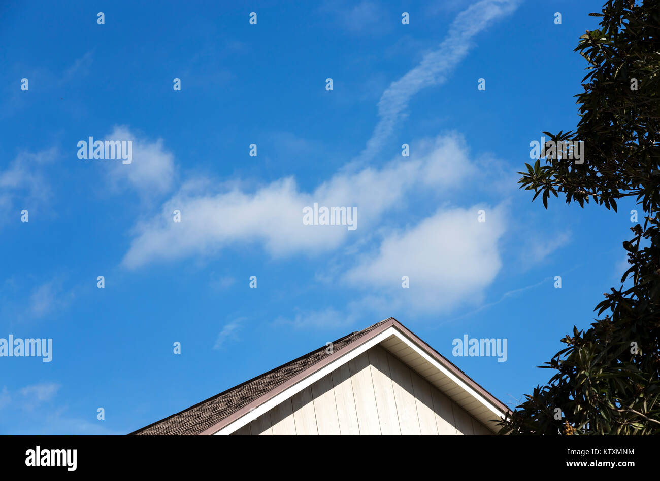 Viva il cielo blu con nuvole, albero, tetto e le ombre in bright sole di mezzogiorno Foto Stock