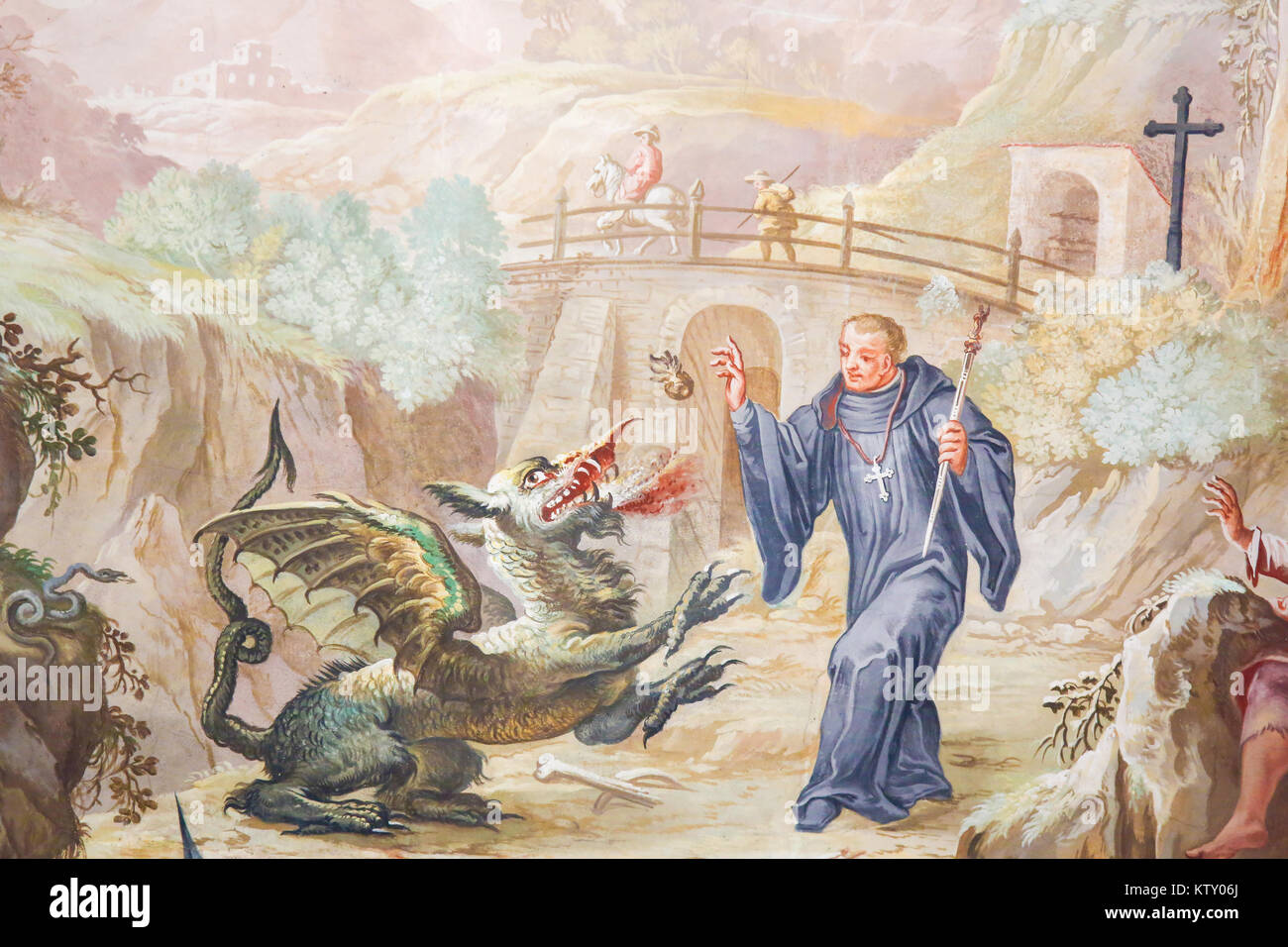 Affresco di San Magnus o Mang, espellendo un drago dal paese di cui aveva bisogno per il monastero di Fussen in Baviera, Germania. Foto Stock