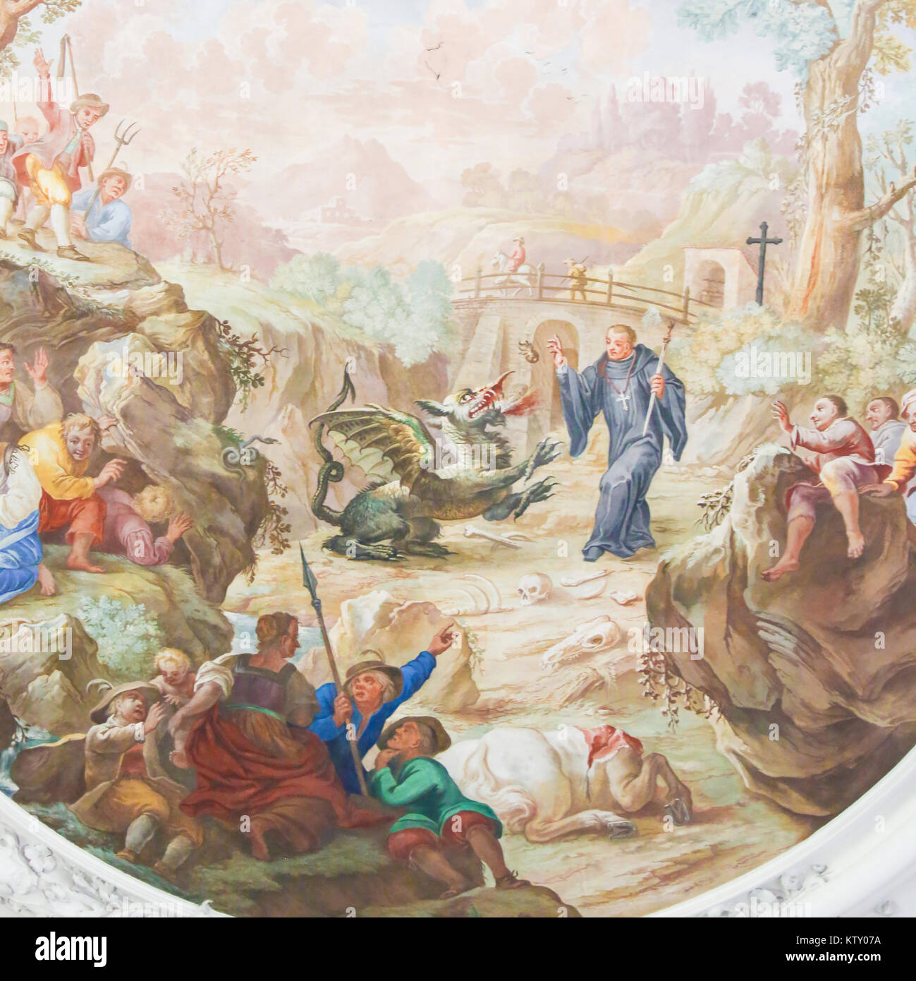 Affresco di San Magnus o Mang, espellendo un drago dal paese di cui aveva bisogno per il monastero di Fussen in Baviera, Germania. Foto Stock