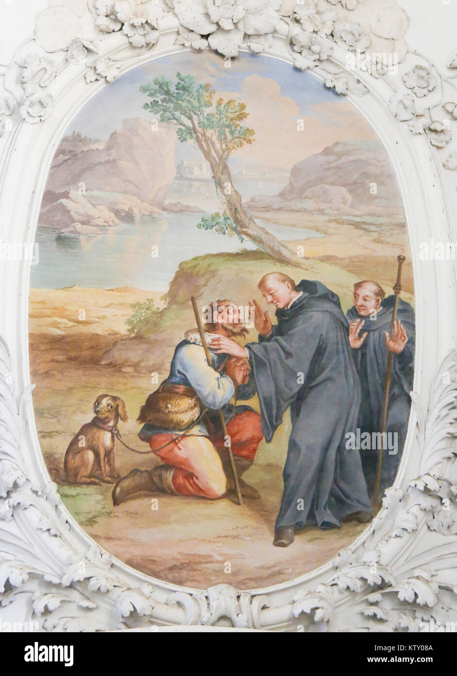 Affresco raffigurante una scena della vita di San Magno di Fussen, Saint Mang, l apostolo di Allgau nella Basilica di Fussen, Baviera, Germania. Foto Stock