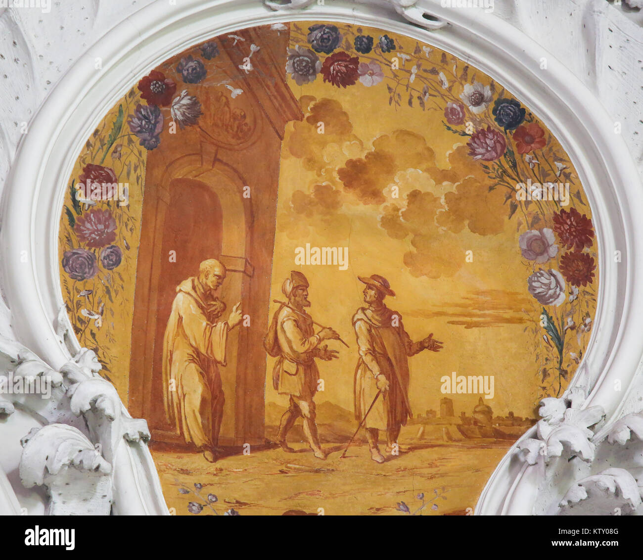 Affresco raffigurante una scena della vita di San Magno di Fussen, Saint Mang, nella Basilica di Fussen, Baviera, Germania. Foto Stock