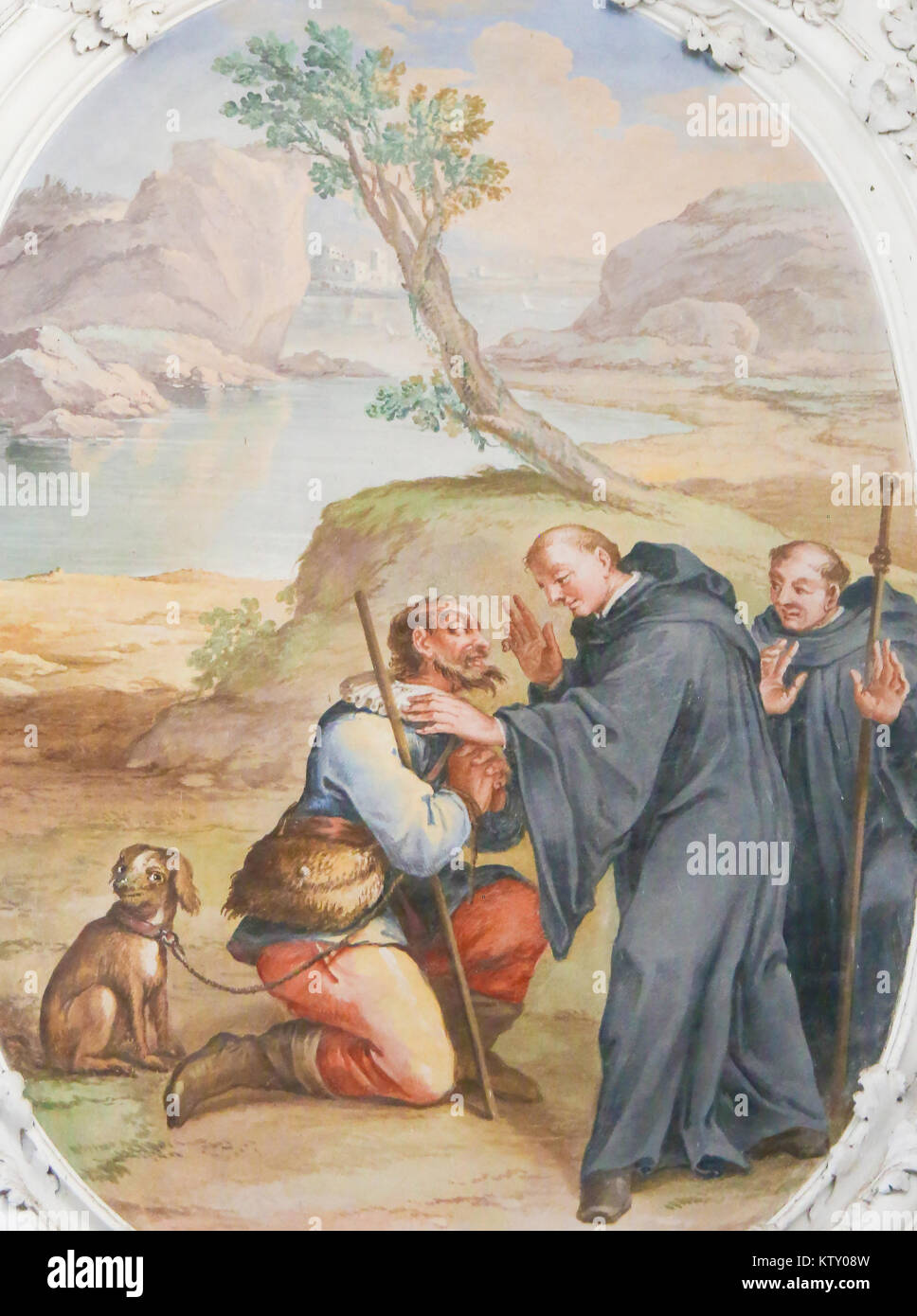 Affresco raffigurante una scena della vita di San Magno di Fussen, Saint Mang, l apostolo di Allgau nella Basilica di Fussen, Baviera, Germania. Foto Stock