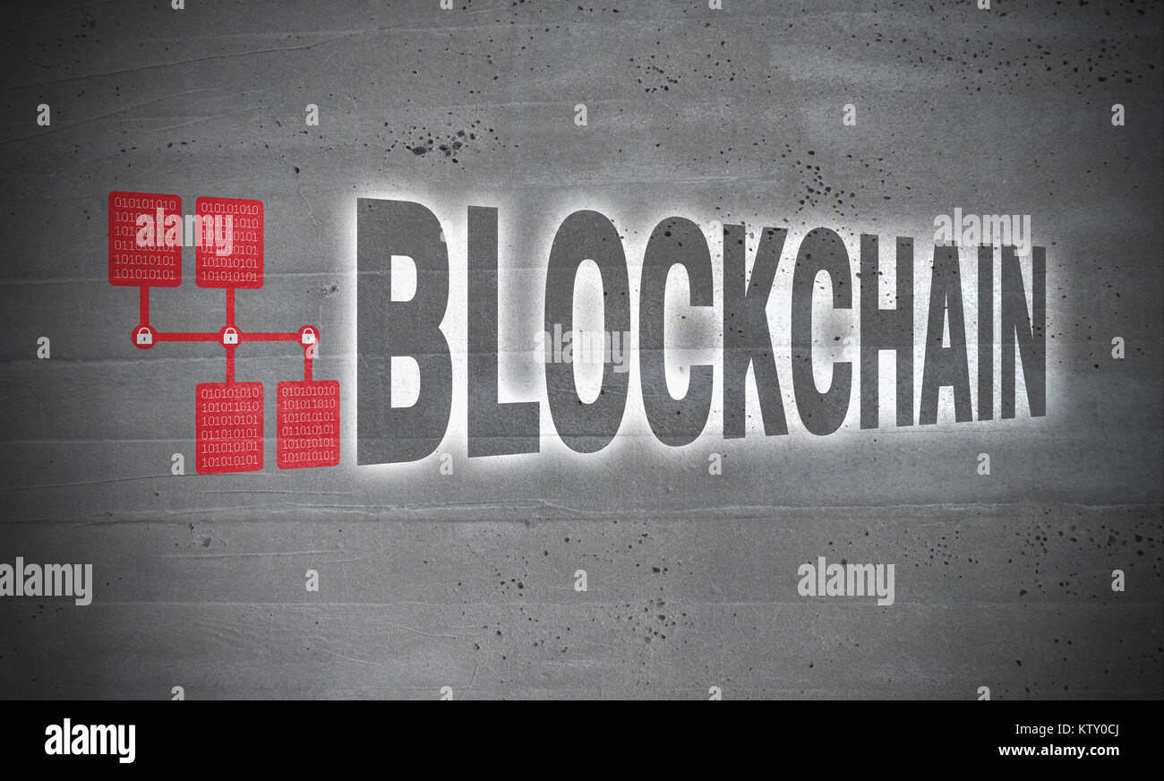 Blockchain icone sul concetto di cemento. Foto Stock