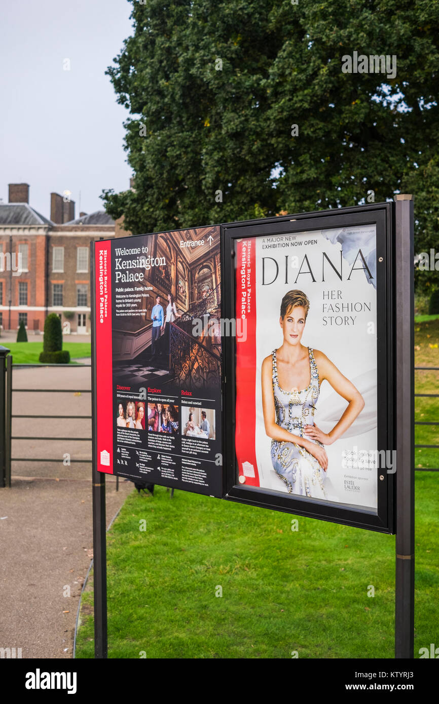 Kensington Palace scheda display per Diana la sua storia di moda", London, England, Regno Unito Foto Stock