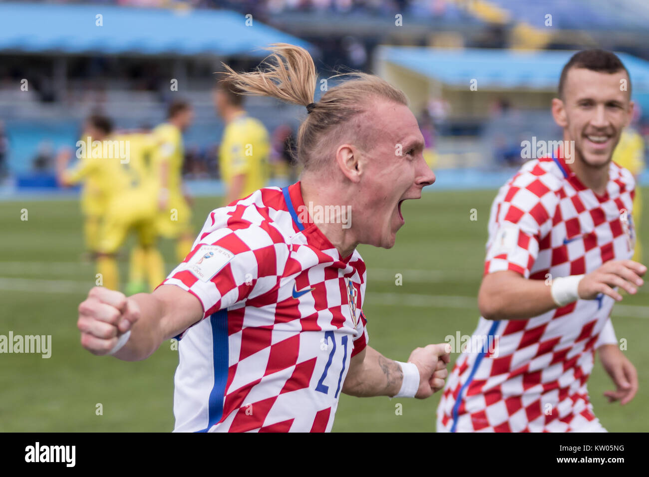 Zagabria, Croazia - 03 settembre 2017: Europeo il qualificatore per 2018 FIFA World Cup Russia. Croazia vs il Kosovo. Domagoj VIDA (21) celebra obiettivo Foto Stock