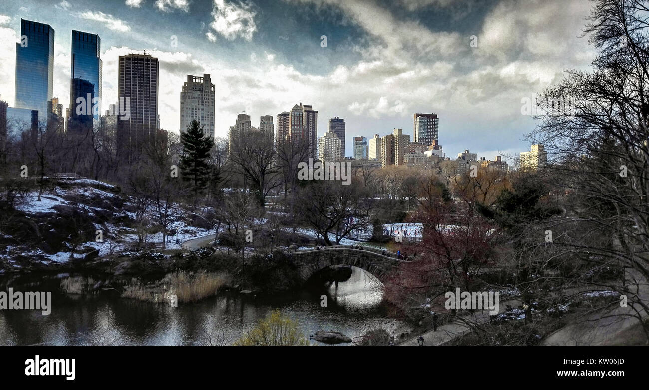 Tramonto a New York, Central Park, Gapstow Bridge, New York City, USA Foto Stock