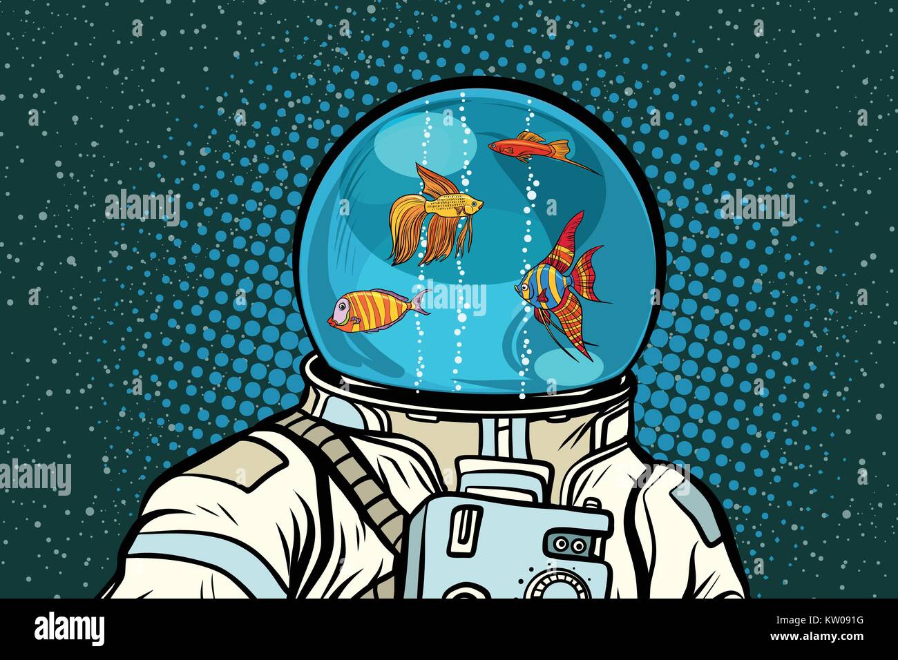 Astronauta con casco acquario con pesci Illustrazione Vettoriale