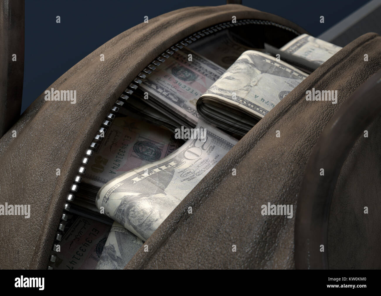 Un concetto che raffigura un aperto in pelle marrone borsone rivelando di fasci di laminati illecita US dollar note - 3D render Foto Stock