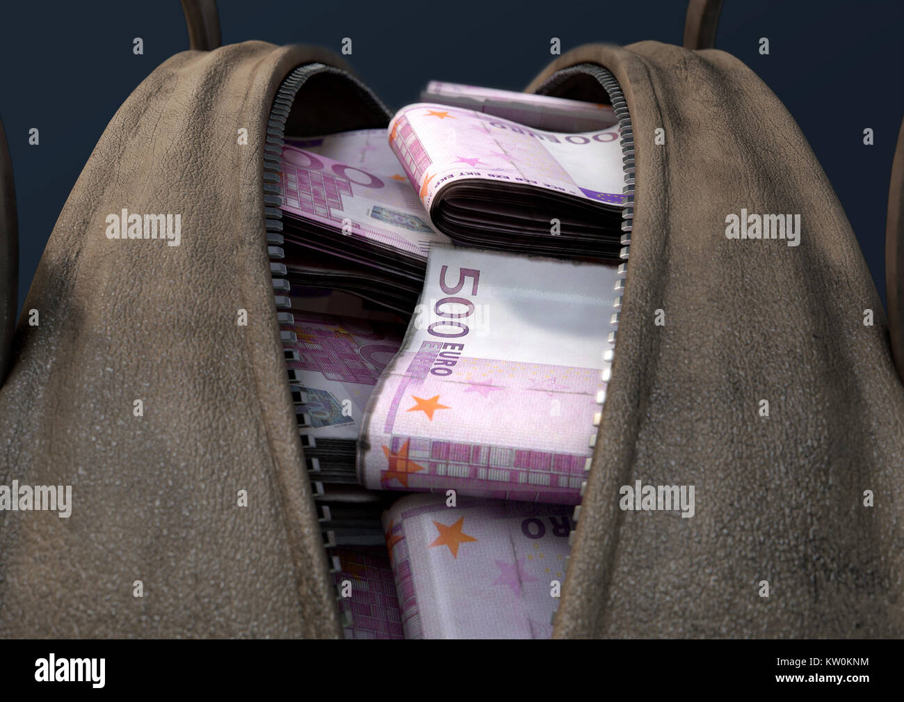 Un concetto che raffigura un aperto in pelle marrone borsone rivelando di fasci di laminati illeciti le banconote in euro - 3D render Foto Stock