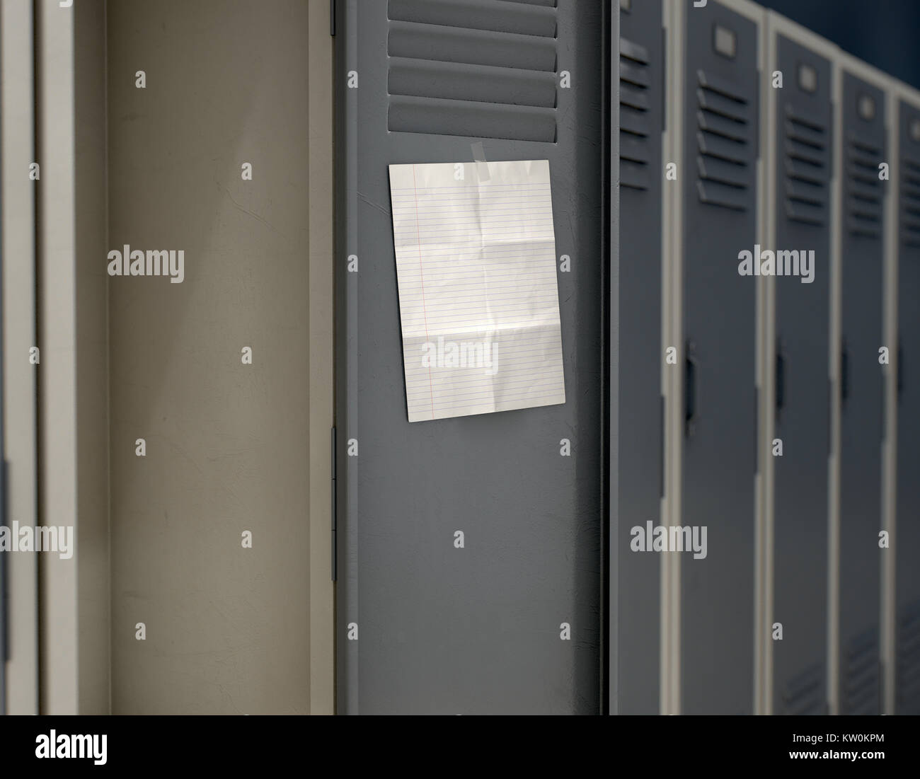 Una fila di metallo gli armadietti di scuola con una porta aperta e una pagina vuota nota allegata all'interno - 3D render Foto Stock