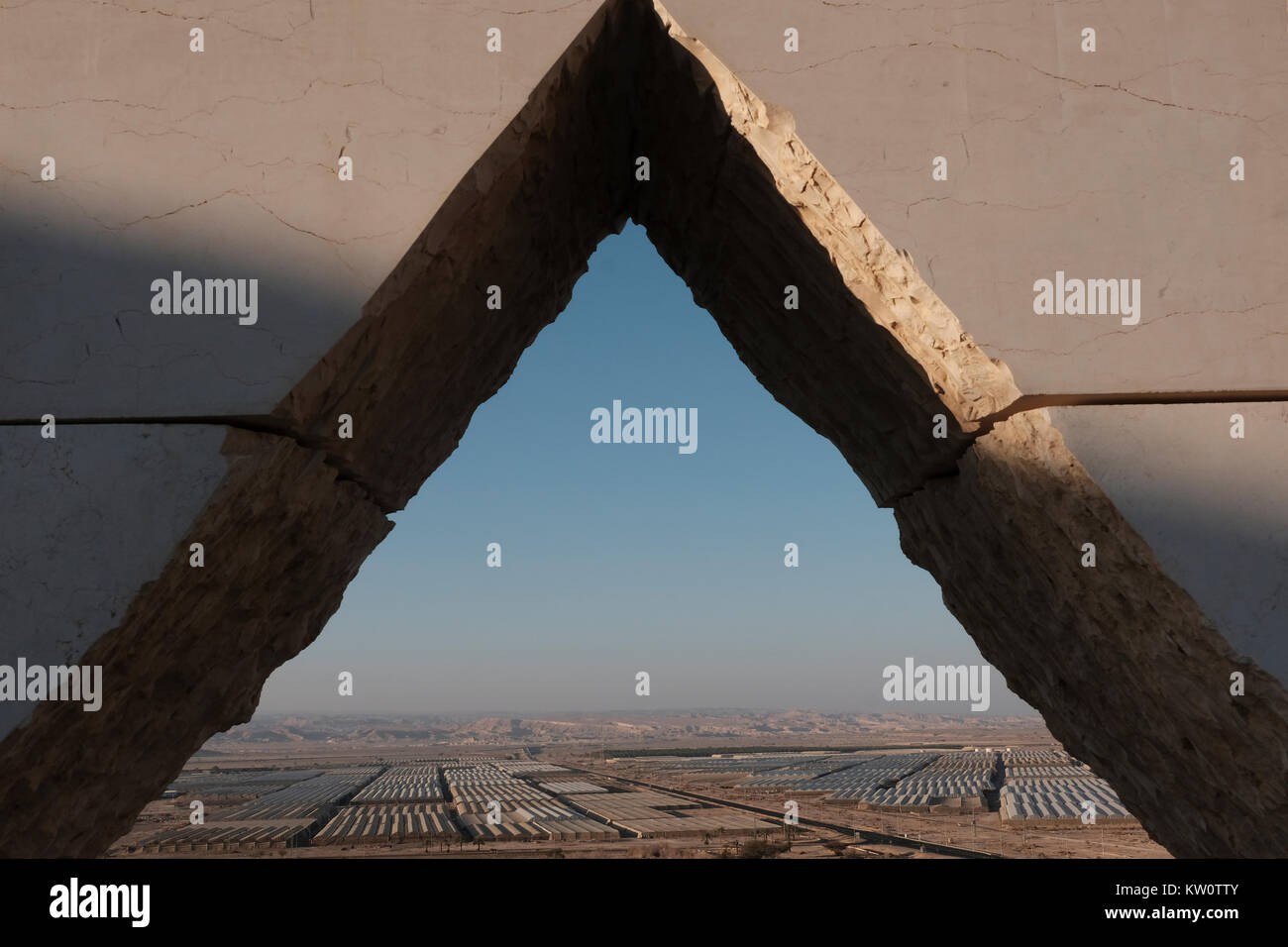 Vista di serre in un campo agricolo della cooperativa agricola di Paran, situato nella parte occidentale della valle araba nota in ebraico come Arava o Aravah che forma parte del confine tra Israele e Giordania. Foto Stock