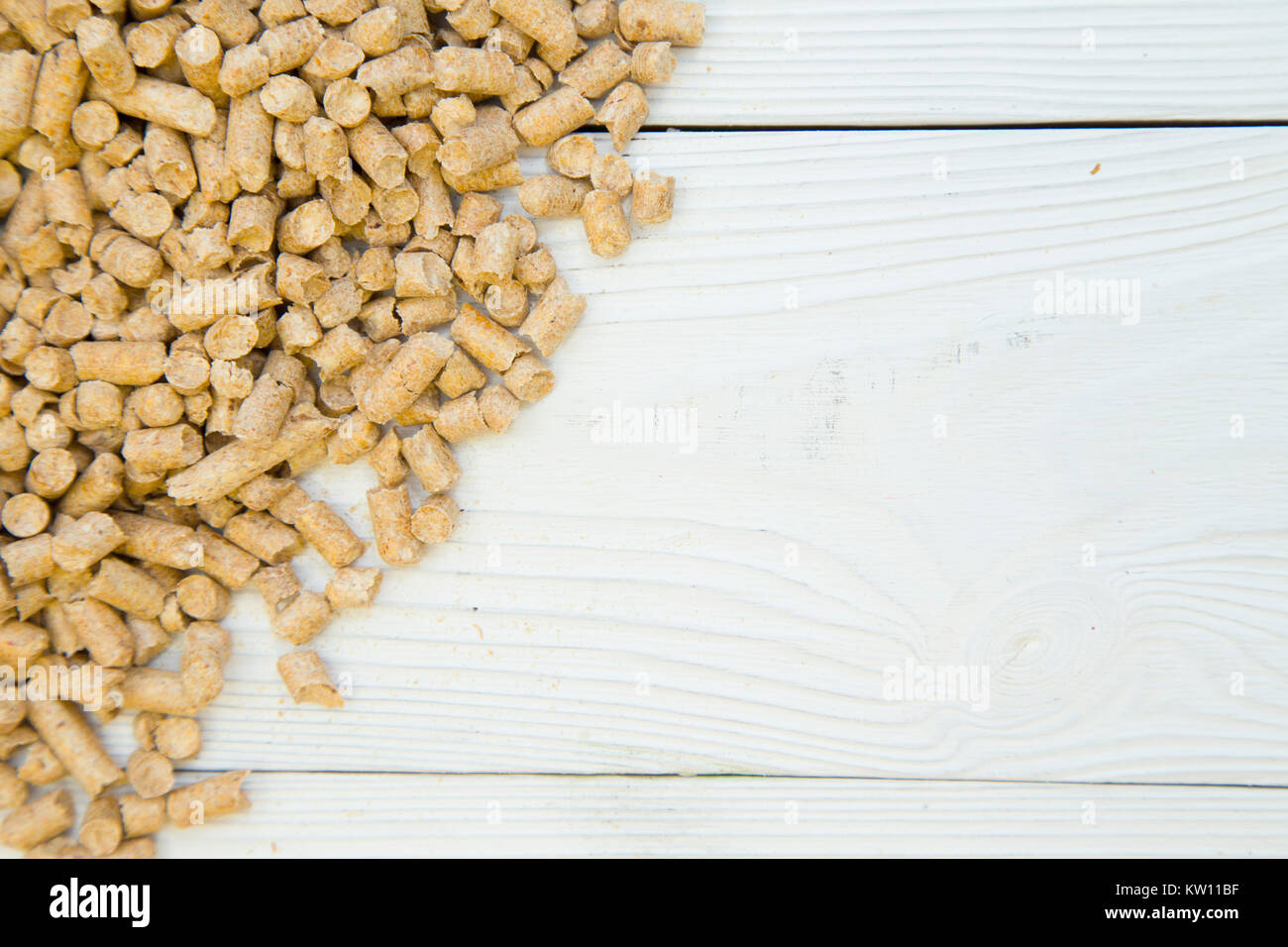 Pet care concetto. Un bianco sullo sfondo di legno con legno sparsi riempitivo utilizzato nella lettiera di gatto. Servizi igienici per animali domestici- ratti, criceti, conigli, topi close up.SP Foto Stock