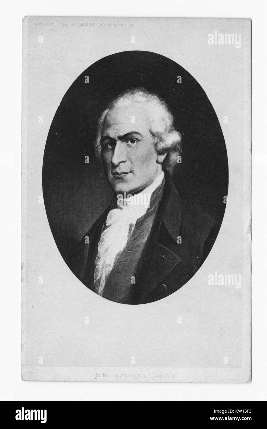 Un attacco di colore da un ritratto di Alexander Hamilton, egli fu uno dei padri fondatori degli Stati Uniti d'America, è servito come capo personale aiutante di George Washington durante la guerra rivoluzionaria americana ed è stato il primo negli Stati Uniti Segretario del Tesoro, 1914. Dalla Biblioteca Pubblica di New York. Foto Stock