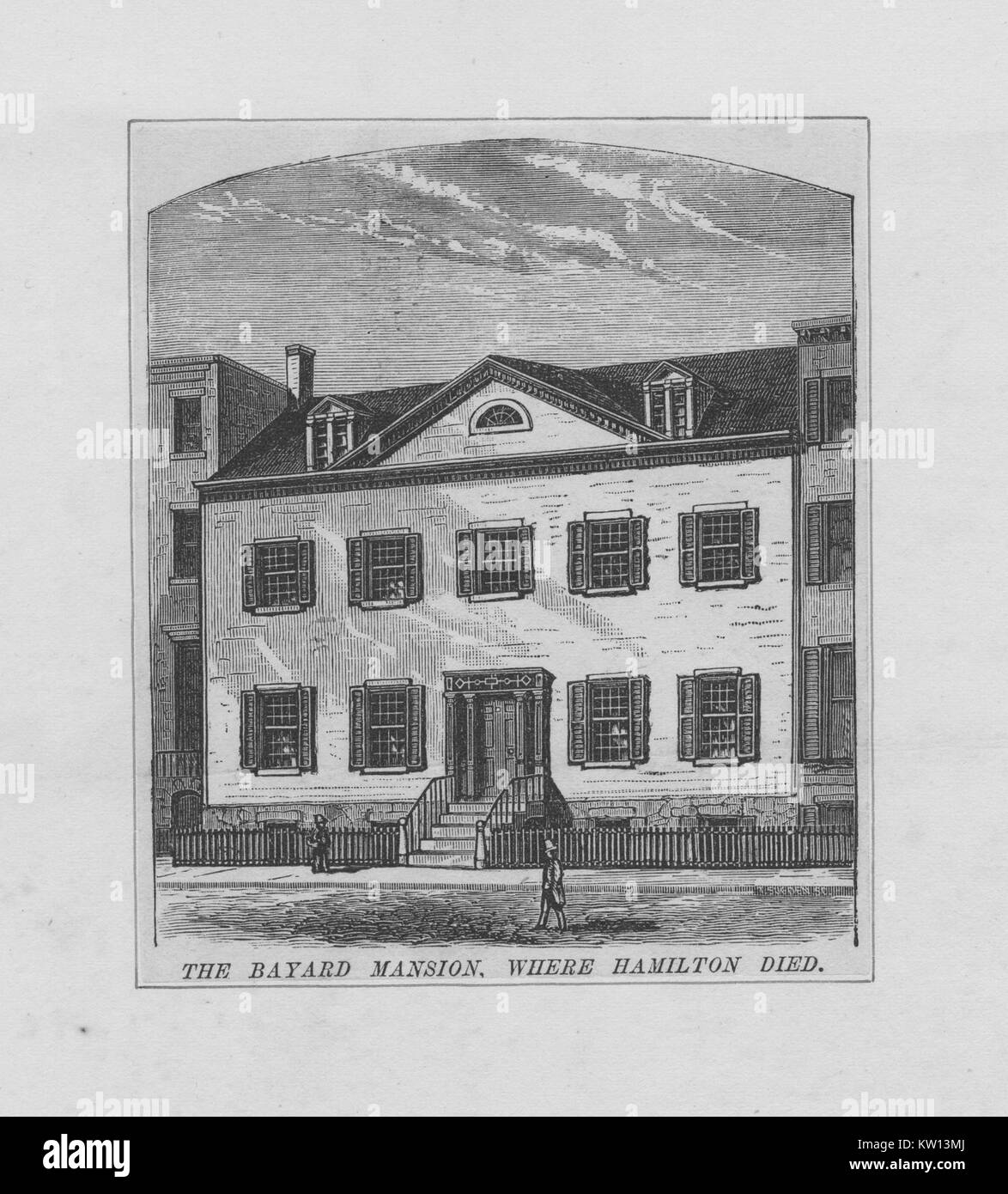 Incisione di Bayard Mansion, dove padre fondatore Alexander Hamilton è morto a seguito del suo duello con Aaron Burr, 1843. Dalla Biblioteca Pubblica di New York. Foto Stock