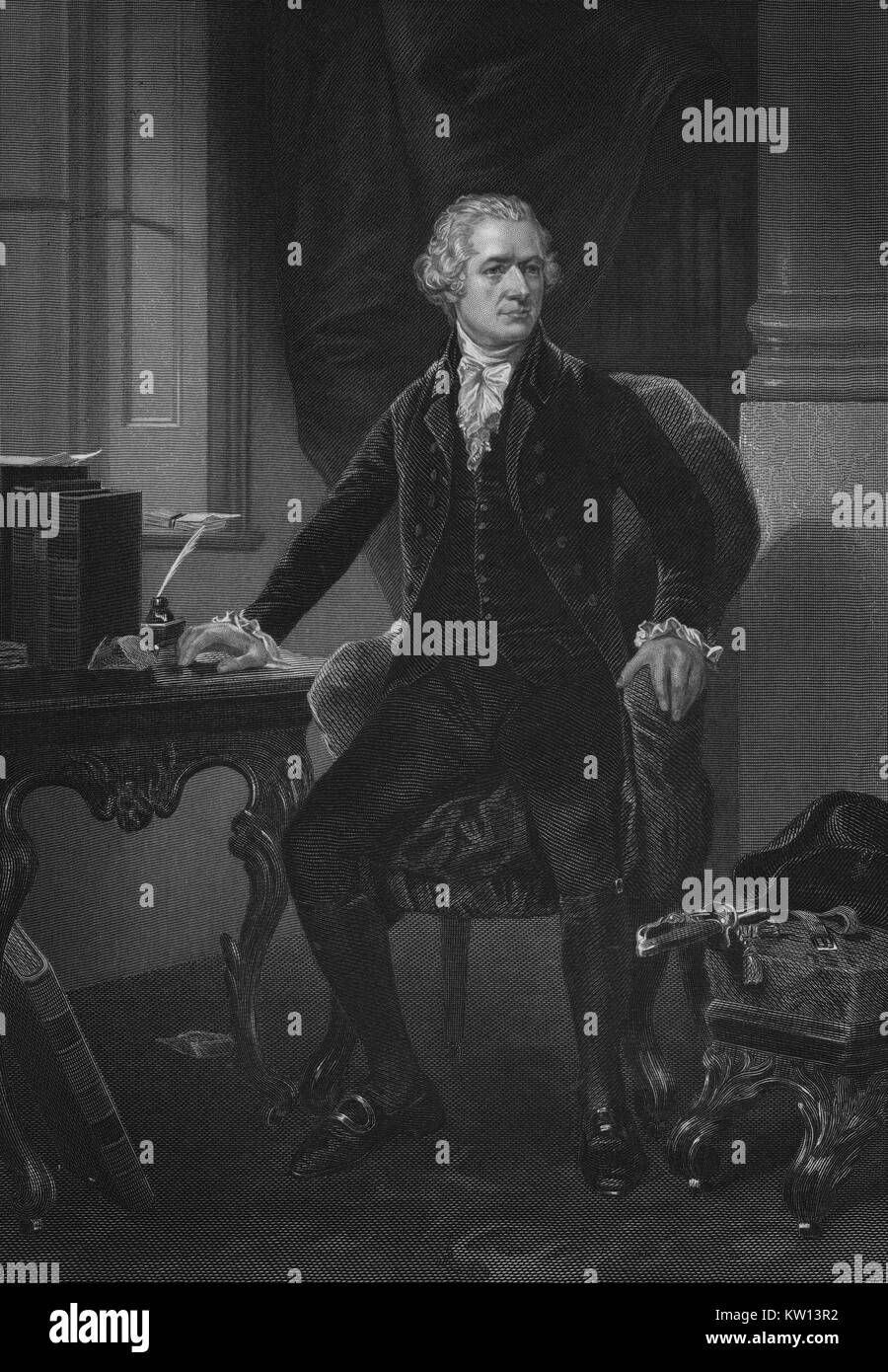 Un attacco a partire da una piena lunghezza Ritratto di Alexander Hamilton, egli è raffigurato con i libri, utensili di scrittura e la sua spada vicino a rappresentare il suo professionale, politico e il servizio militare, fu uno dei padri fondatori degli Stati Uniti d'America, è servito come capo personale aiutante di George Washington durante la guerra rivoluzionaria americana ed è stato il primo negli Stati Uniti Segretario del Tesoro, 1862. Dalla Biblioteca Pubblica di New York. Foto Stock