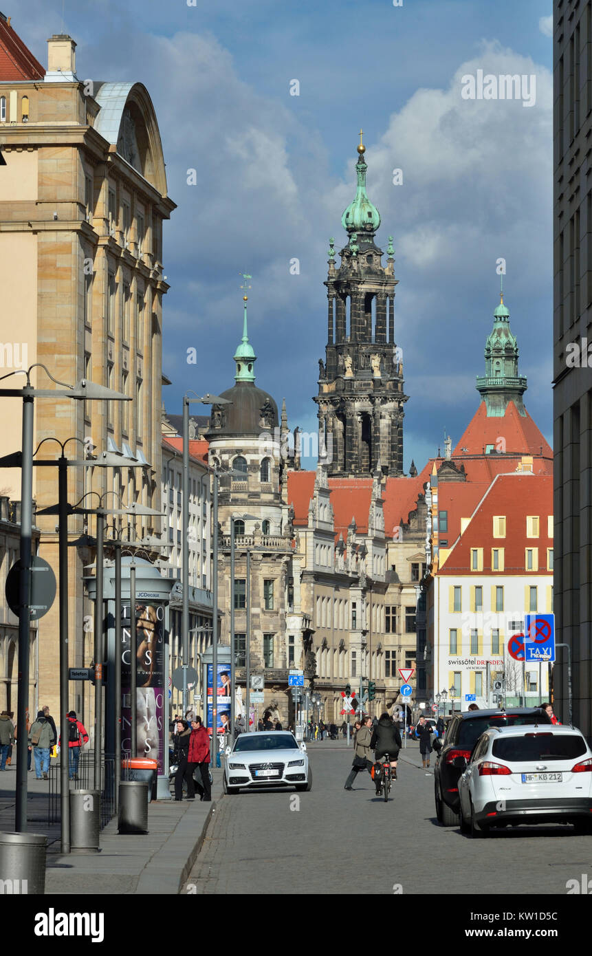 A Dresda, Ansicht Residenzschloss und Hofkirche vom Altmarkt Foto Stock