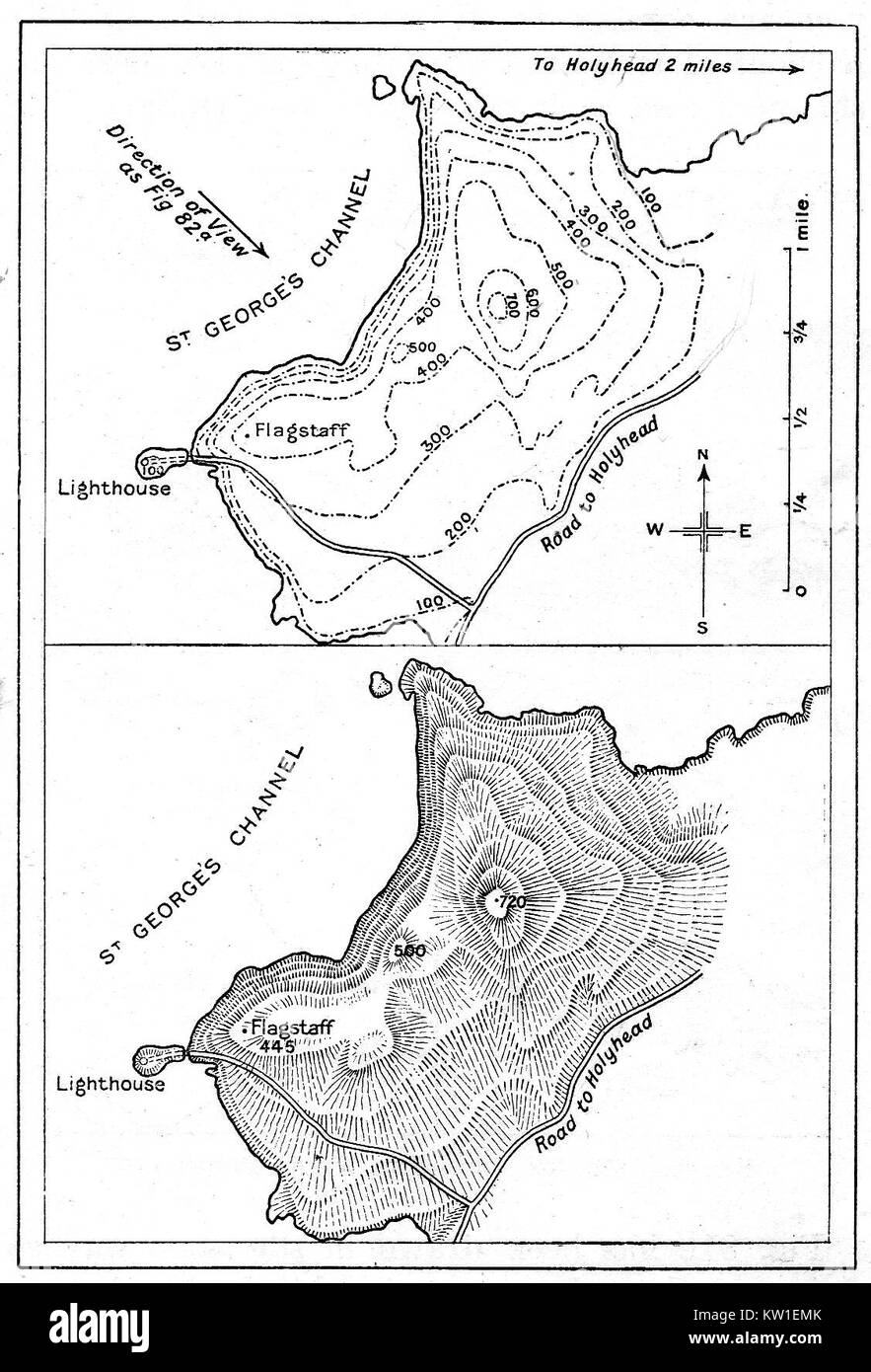 Il Galles (CYMRU) -mappe di contorno di Holyhead Mountain, il Galles nel 1914 Foto Stock