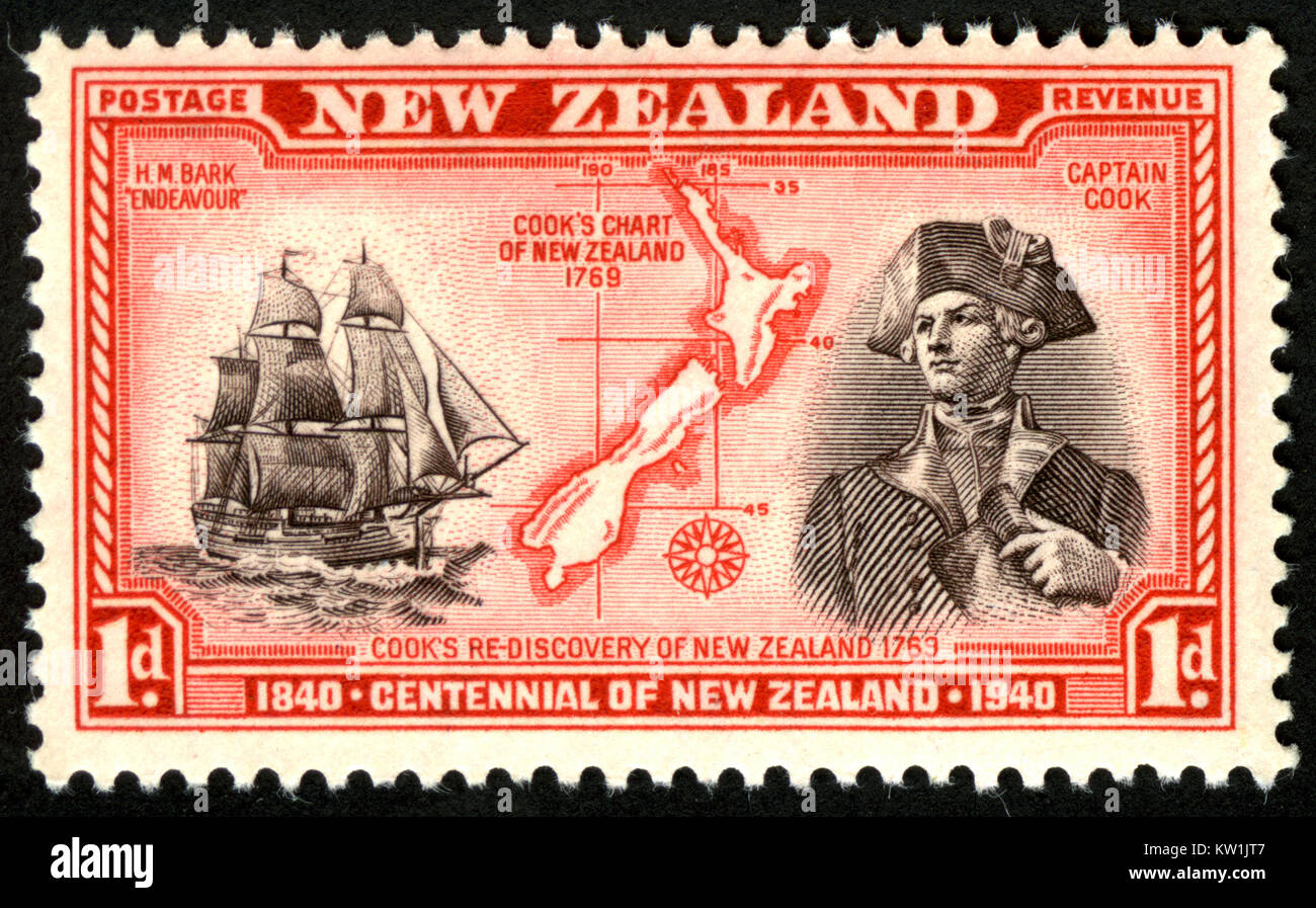 1940 un penny francobollo in onore di capitano James Cook per la Nuova Zelanda, il Centennial Foto Stock