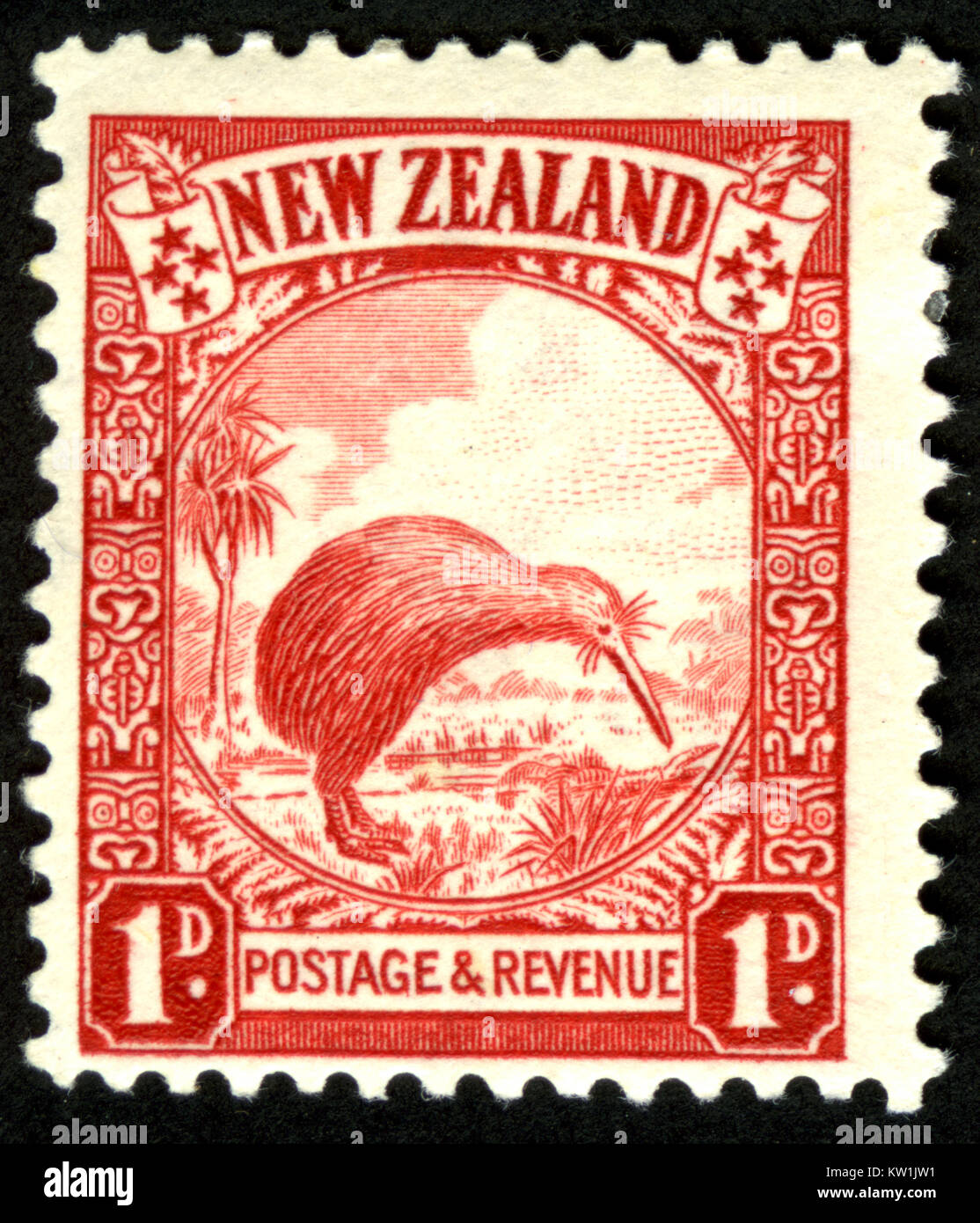 1935 Nuova Zelanda 1 penny timbro pittorico con un kiwi Foto Stock