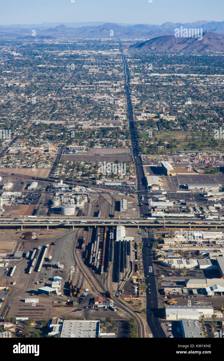 Vista aerea della ferrovia staging yard in Phoenix, Arizona Foto Stock