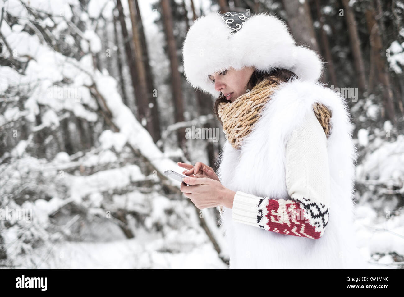 Giovane donna con il cellulare nel paesaggio invernale. La digitazione di un messaggio Foto Stock