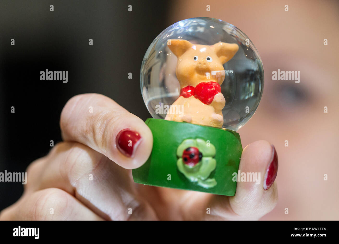 Bielefeld, Germania. 29 Dic, 2017. Illustrazione - un suino come portafortuna si siede in un snow globe di Bielefeld, Germania, 29 dicembre 2017. Credito: Friso Gentsch/dpa/Alamy Live News Foto Stock