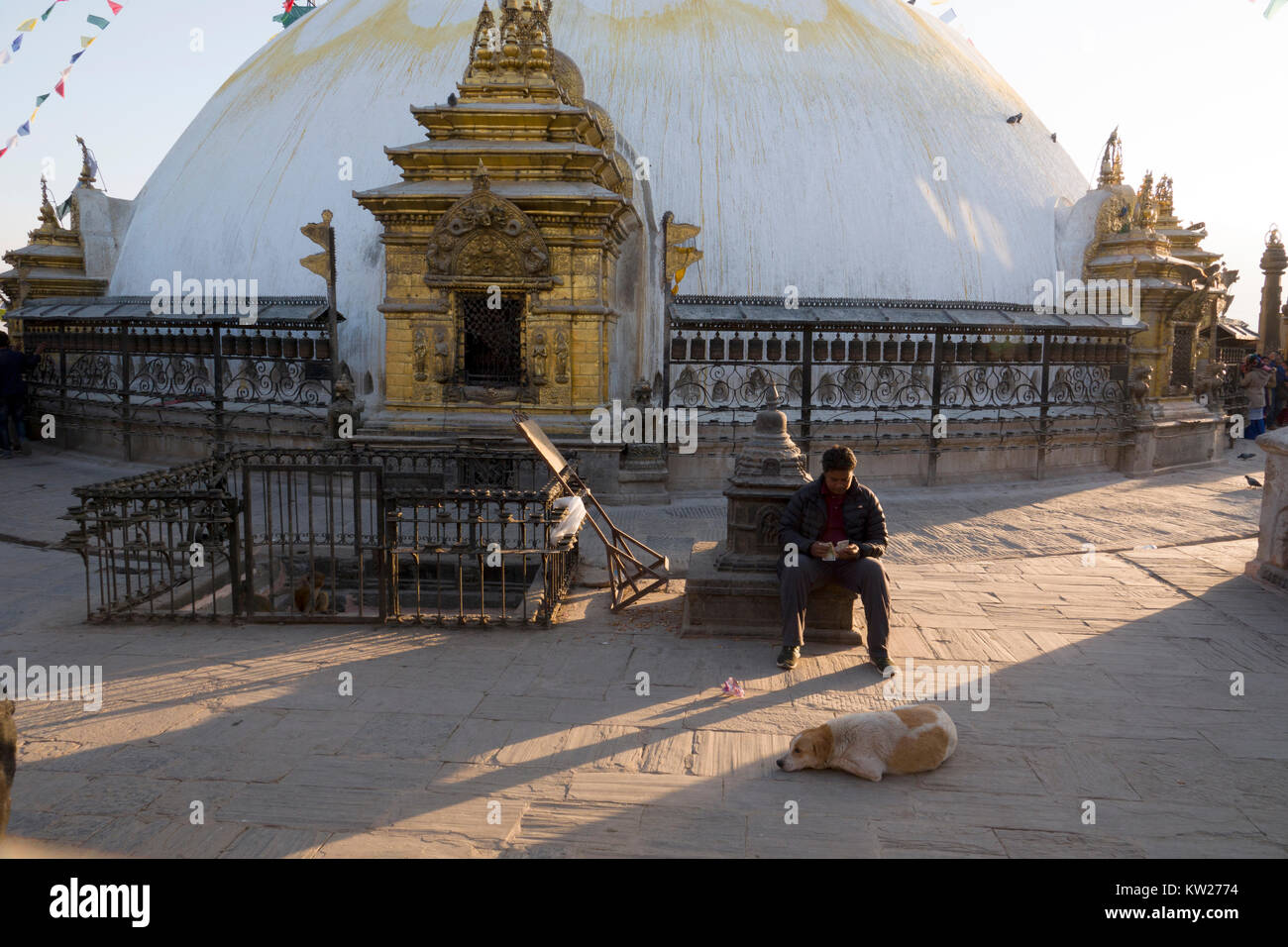 Uomo e cane di strada seduti al tempio di Swayambhunath a Kathmandu, Nepal Foto Stock