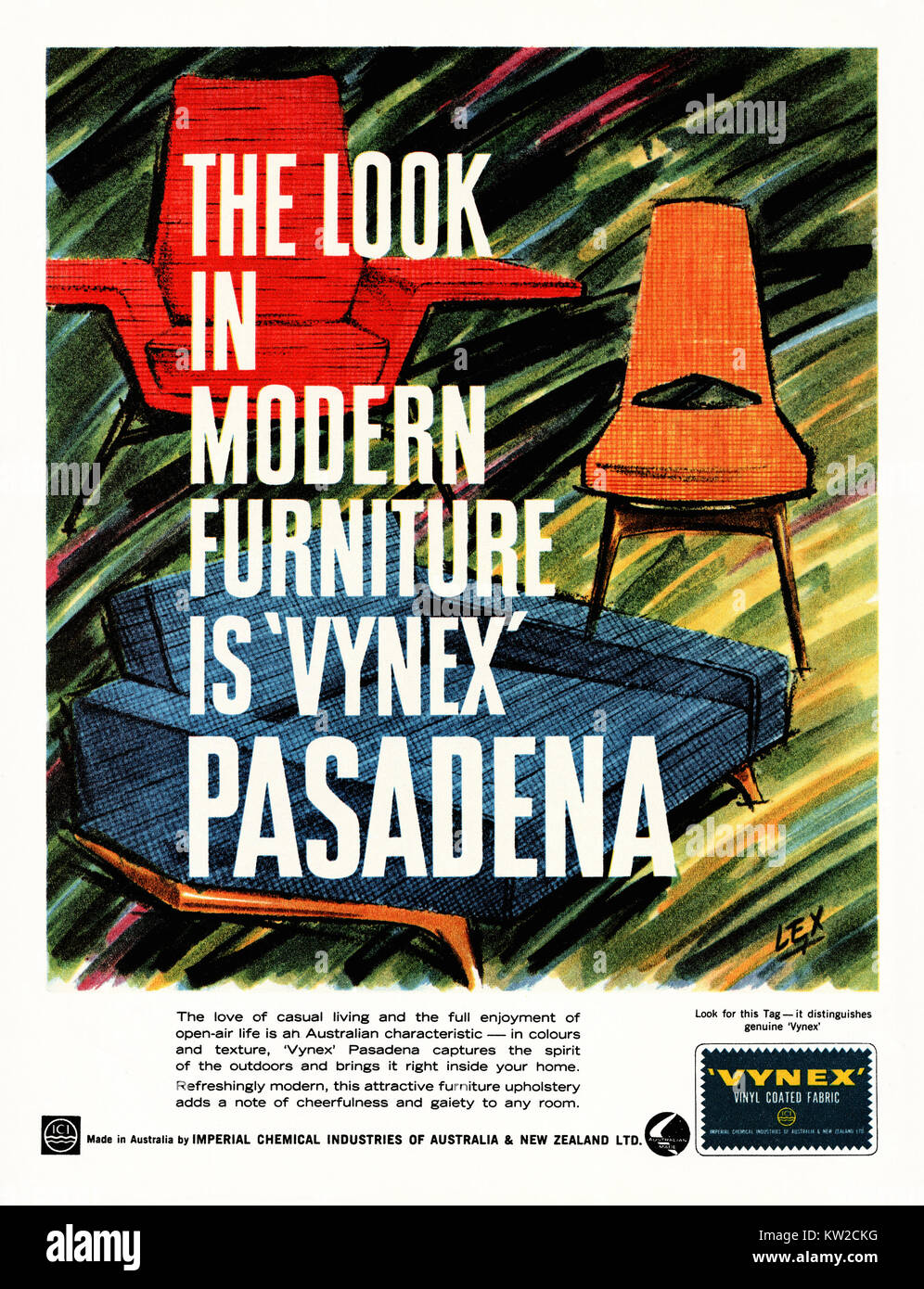 Un annuncio che è apparso in una rivista australiana in 1963 Promozione Vynex tessuto. Questo vinile sedile rivestito di rivestimento era costituito da ICI (Imperial Chemical Industries di Australia e Nuova Zelanda) e l'illustrazione caratteristiche vivacemente colorato moderne poltrone e sedie da pranzo Foto Stock