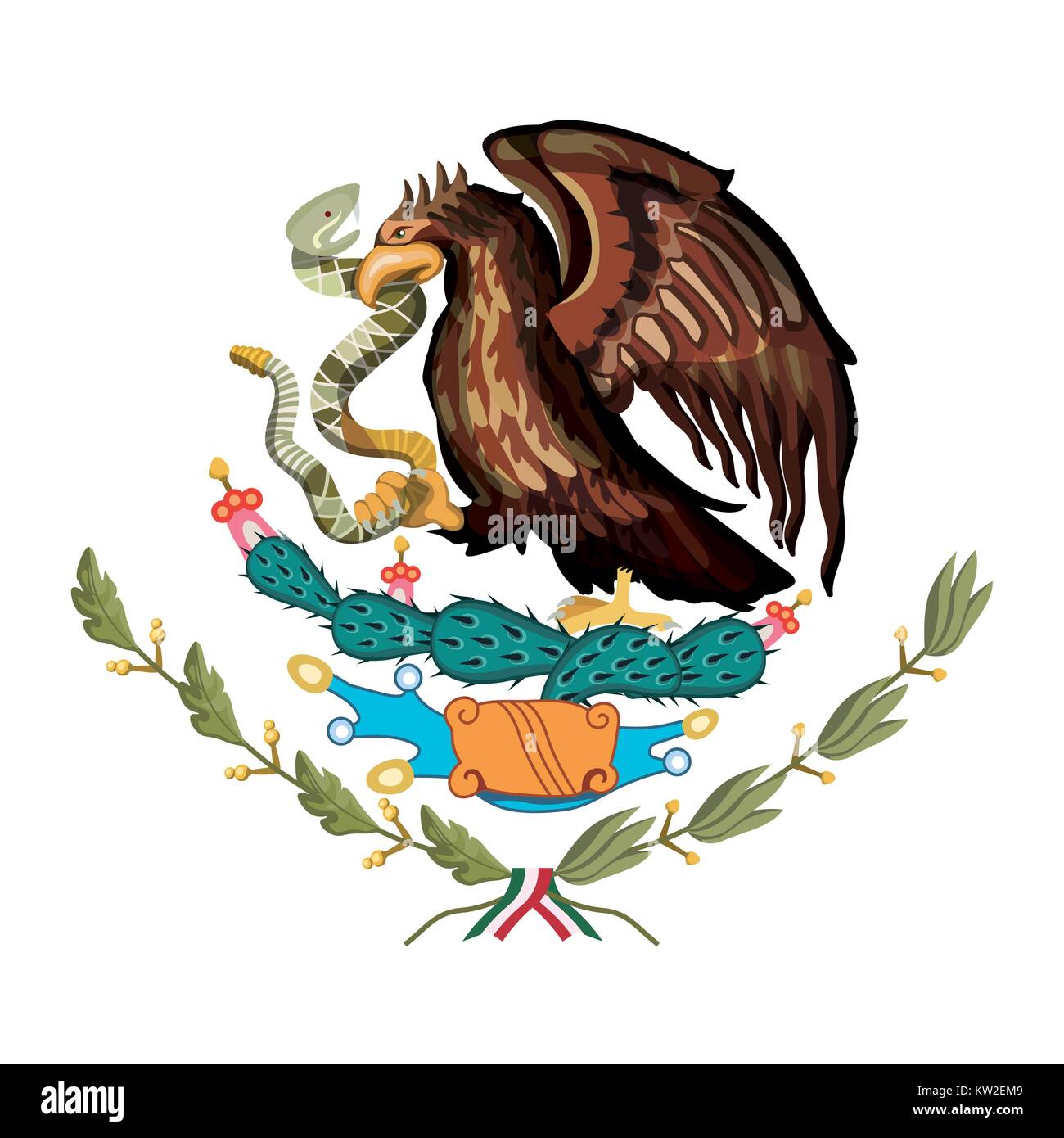 Bandiera messicana emblema della silhouette colorato di eagle con rattlesnake nel picco sopra la pianta di cactus Illustrazione Vettoriale