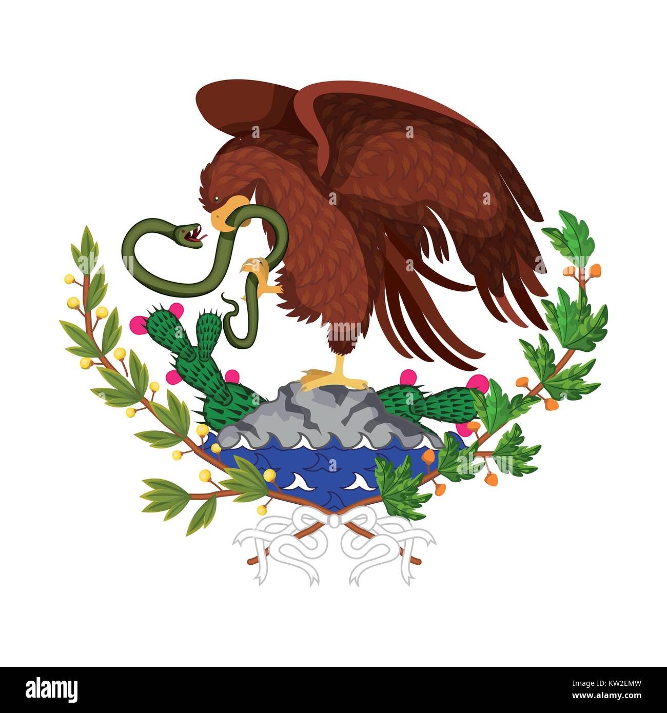 Bandiera messicana emblema della silhouette colorato di eagle con snake a picco sulla roccia e pianta di cactus Illustrazione Vettoriale