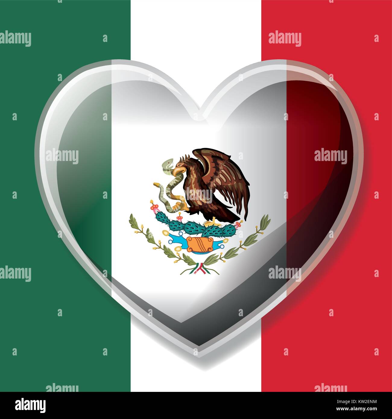 Bandiera messicana silhouette colorato con 3D cuore su emblema Illustrazione Vettoriale