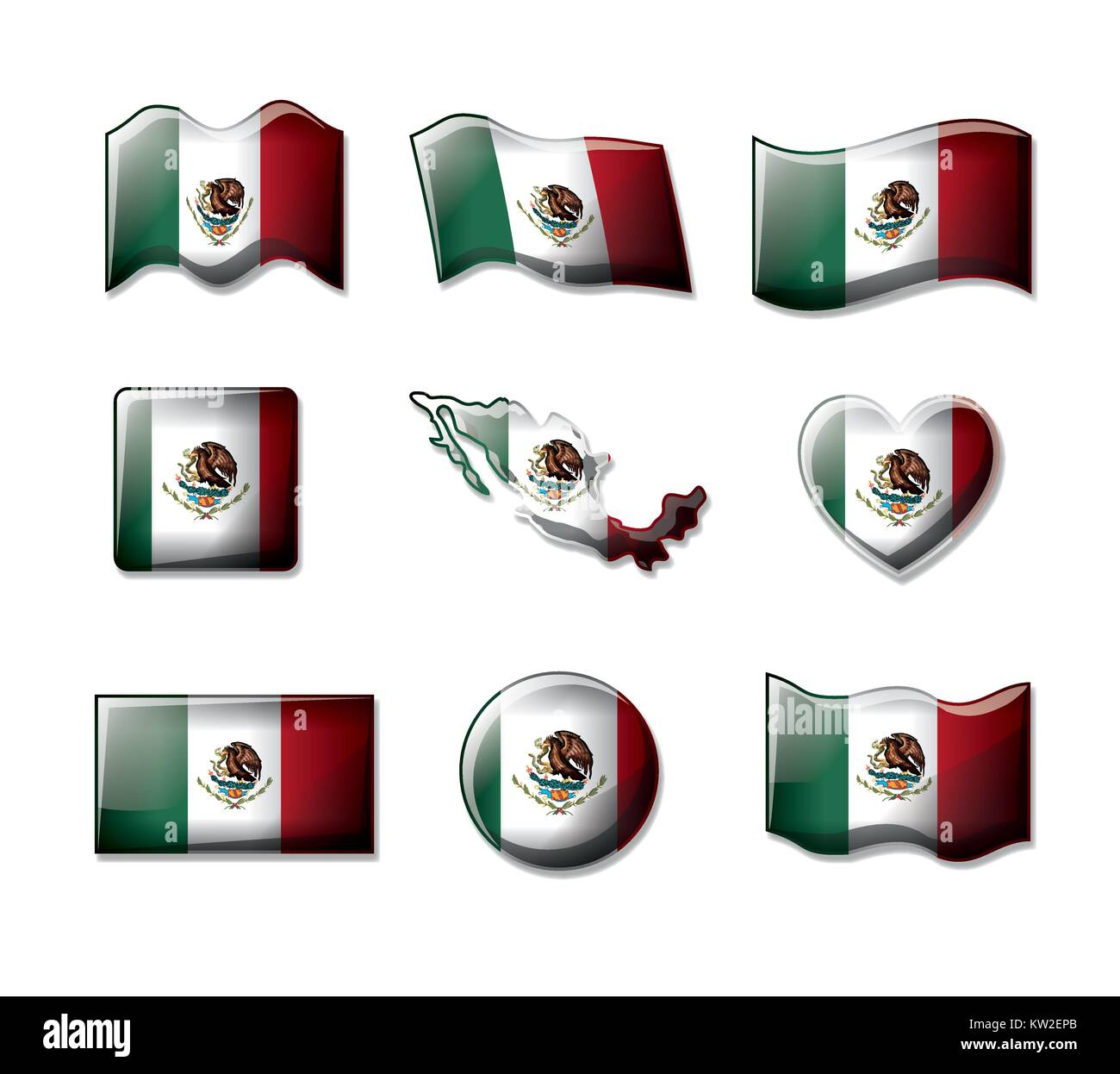 Messico 3D bandiere Collezione sagome colorate in molte forme Illustrazione Vettoriale