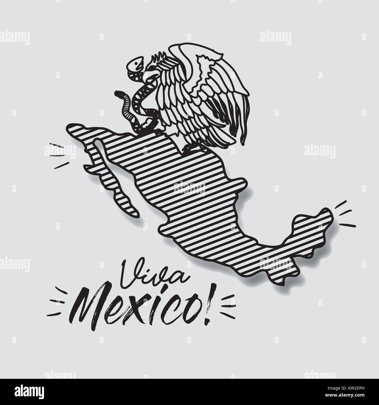 Viva il Messico poster con mappa striped ed emblema di eagle con snake in silhouette nera Illustrazione Vettoriale