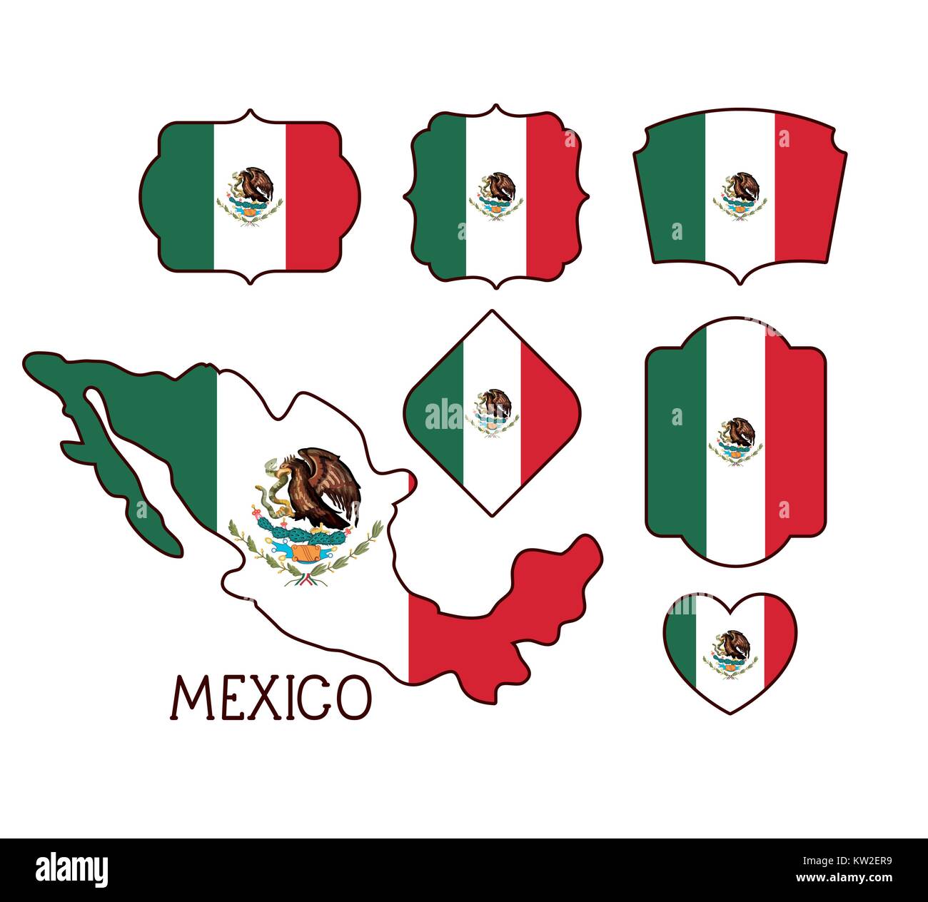 Messico poster con mappa e le insegne dei modelli con bandierine messicane in silhouette colorato Illustrazione Vettoriale