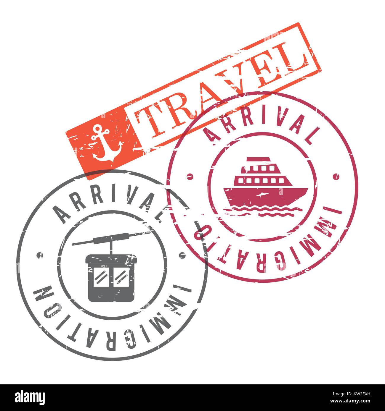 Arrivo immigrazione timbri di viaggio della funivia e nave in silhouette colorato Illustrazione Vettoriale