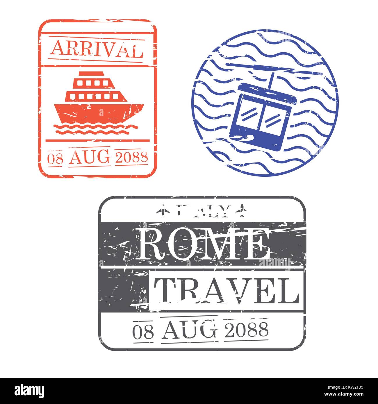 Nave e funivia francobolli viaggi di roma in silhouette colorato Illustrazione Vettoriale
