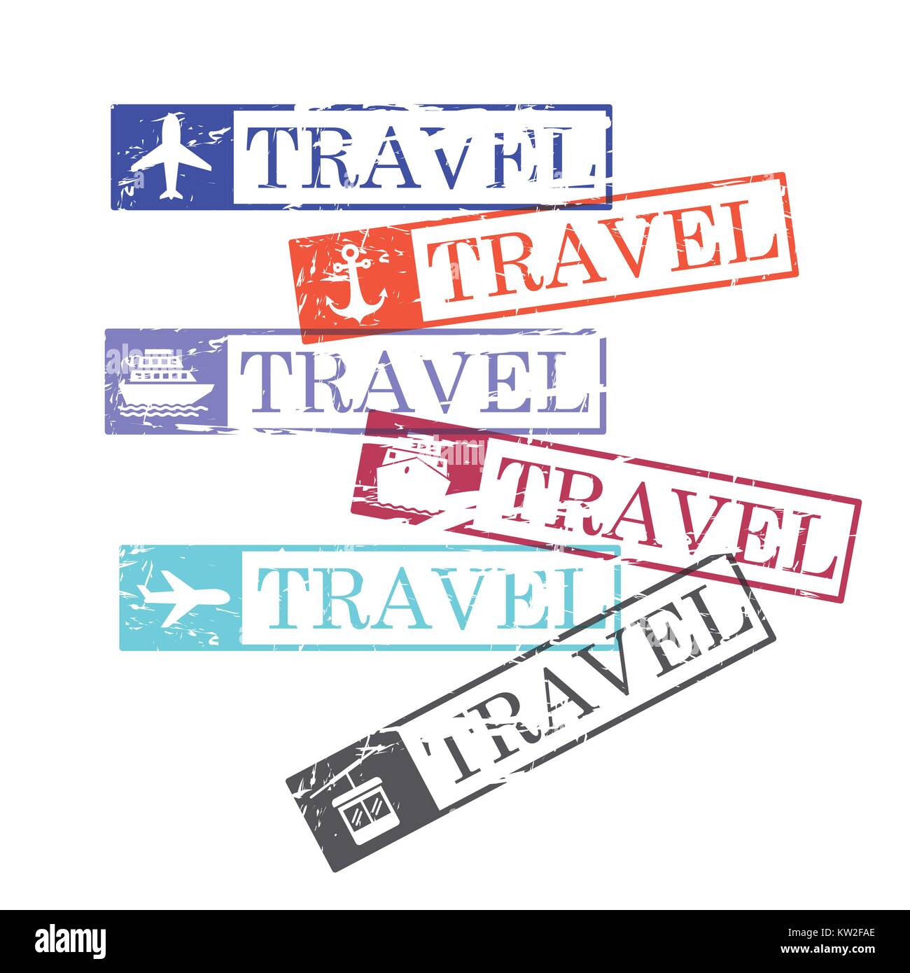 Navi e aerei e la funivia di viaggio timbri rettangolari in silhouette colorato Illustrazione Vettoriale