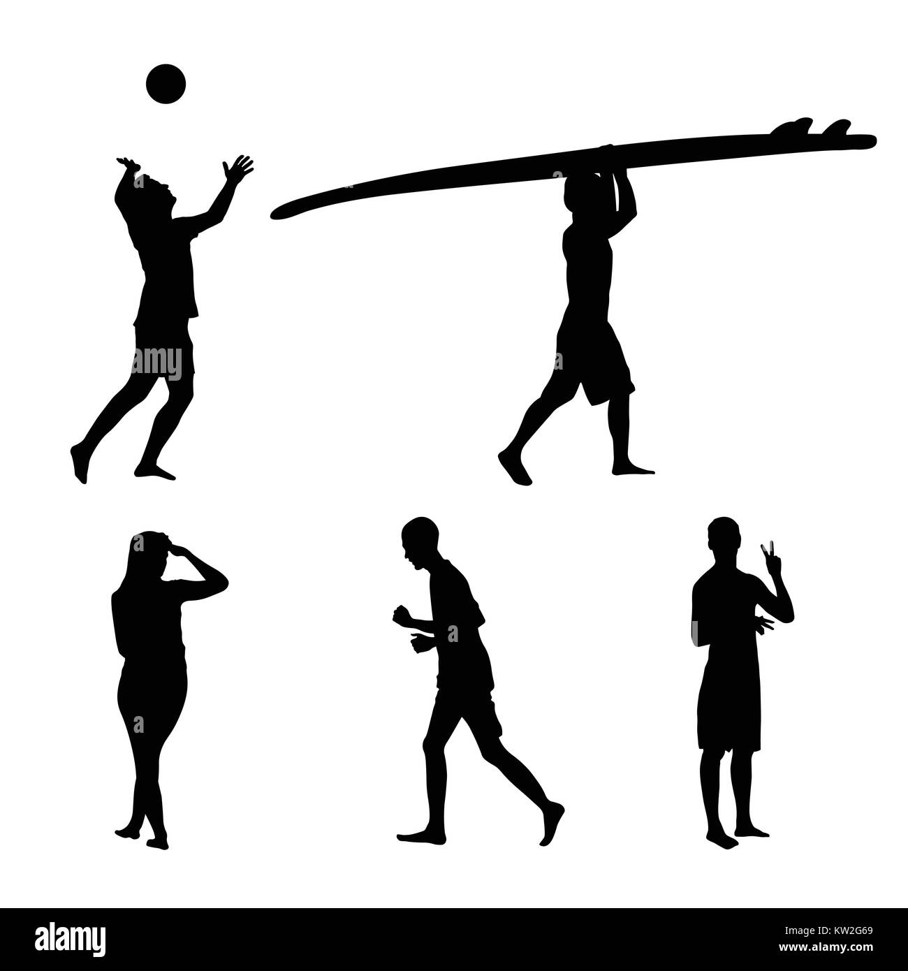 Set di silhouette nera di persone attivamente impegnate nello sport sulla spiaggia. In esecuzione, giocando a pallavolo e surf. Illustrazione Vettoriale