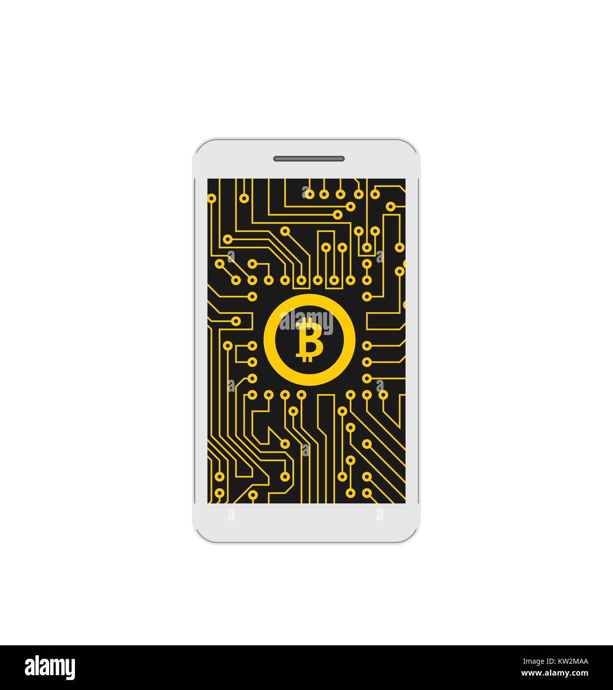 Bitcoin, BTC, CryptoCurrency, concetto di miniere di denaro digitale, Bit-Coin e il telefono cellulare Illustrazione Vettoriale