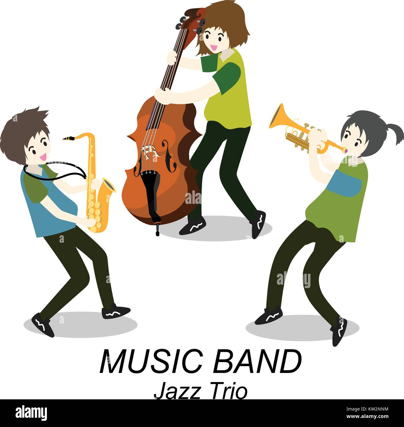 Musicisti Jazz Trio ,suonare la tromba , bassista,sassofono. Jazz Band.illustrazione vettoriale isolato su sfondo in stile cartoon Illustrazione Vettoriale